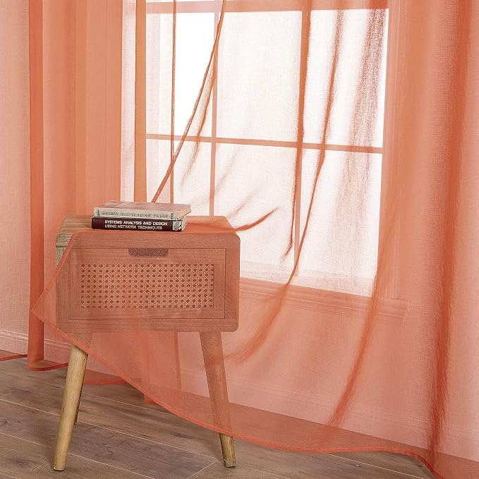 MIULEE Fall Burnt Orange Linen Textured Semi-Sheer Curtains 54W×90L | Semi Transparent, Farmhouse, Window Net Panels with Rod Pocket for Bedroom Living Room