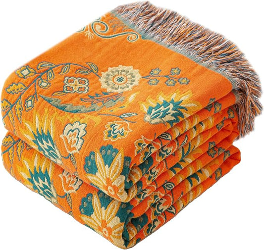 Phuryllic Boho Throw Blanket Twin Size, Soft Cozy Cotton Muslin Quilt Blanket for Bed Decor, Floral Patterned Couch Sofa Chair Cover, Vintage Farmhouse Cottage Tapestry Woven Blanket, Orange&Green