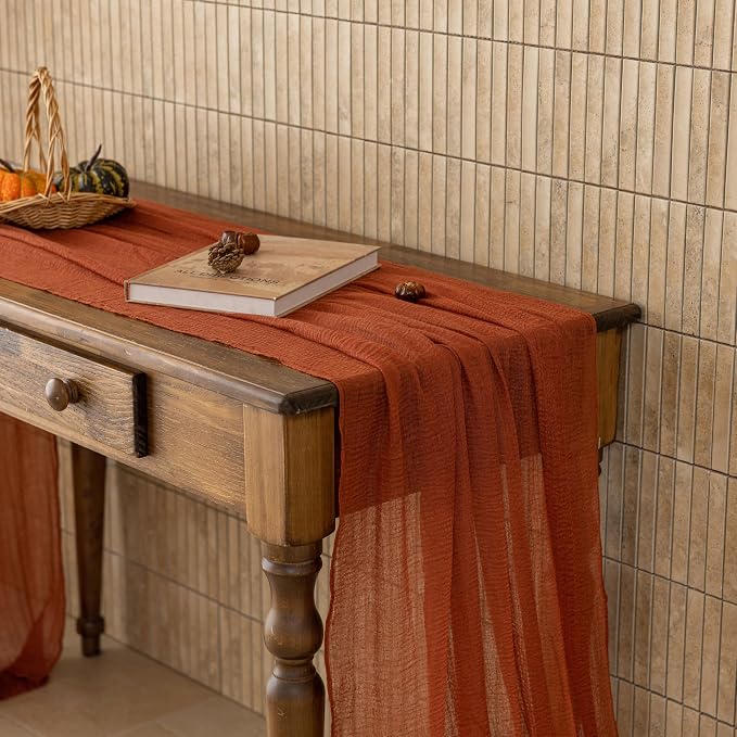 Fall Table Runner Terracotta Cheesecloth 120 Inch Party Home Decorations | For Thanksgiving Friendsgiving Wedding Bridal Shower Baby Shower Engagement Party Rustic Boho Autumn Home Decor