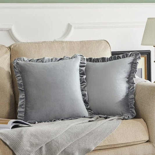 GIGIZAZA Grey 18x18 Luxury Pillow Covers, Set of 2 Decorative Velvet Ruffle Cushion Pillow Covers for Sofa Couch