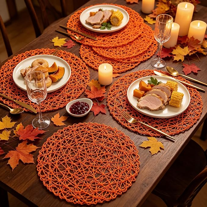IcosaMro Tangerine Round Placemats Set of 12 for Dining Table, 13 Inches Paper Woven Boho Small Decorative Circle Place Mat for Wedding Christmas Thanksgiving Day Holiday Dinner, Orange