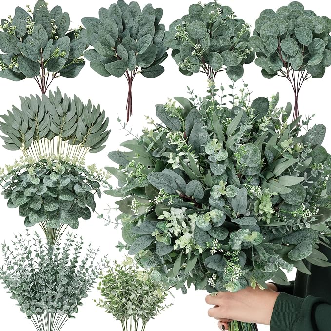 Serwalin 130PCS Mixed Eucalyptus Stems Bulk, Faux Greenery Stems | 8 Kinds Faux Eucalyptus Stems Eucalyptus Leaves & Artificial Greenery for DIY Bouquets, Centerpieces, Vase & Home Decor