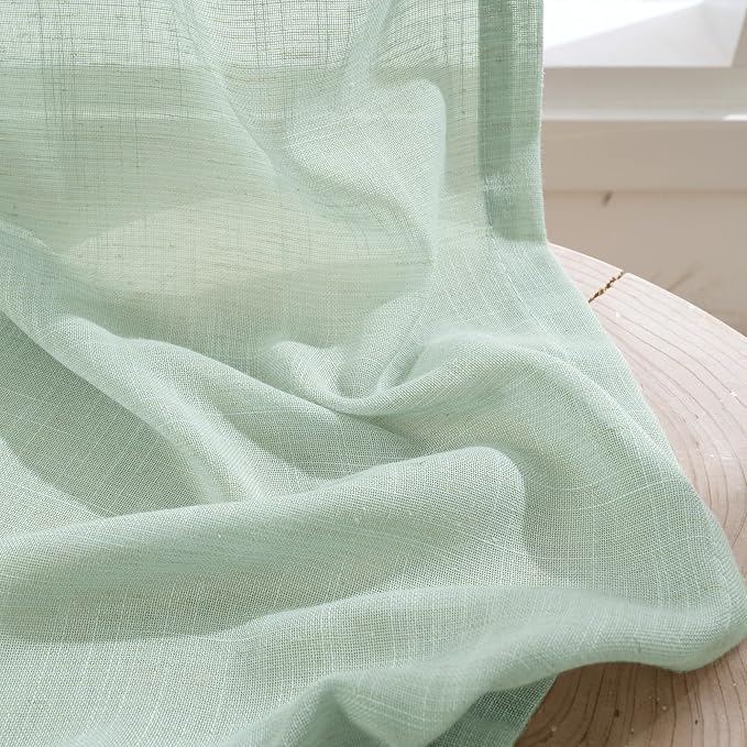 BGment Light Green Linen Curtains 40 Inches Long - Sheer Kitchen Drapes Textured for Short Window with Rod Pocket Lightweight, 2 Panels Set, 42 X 40 Inch