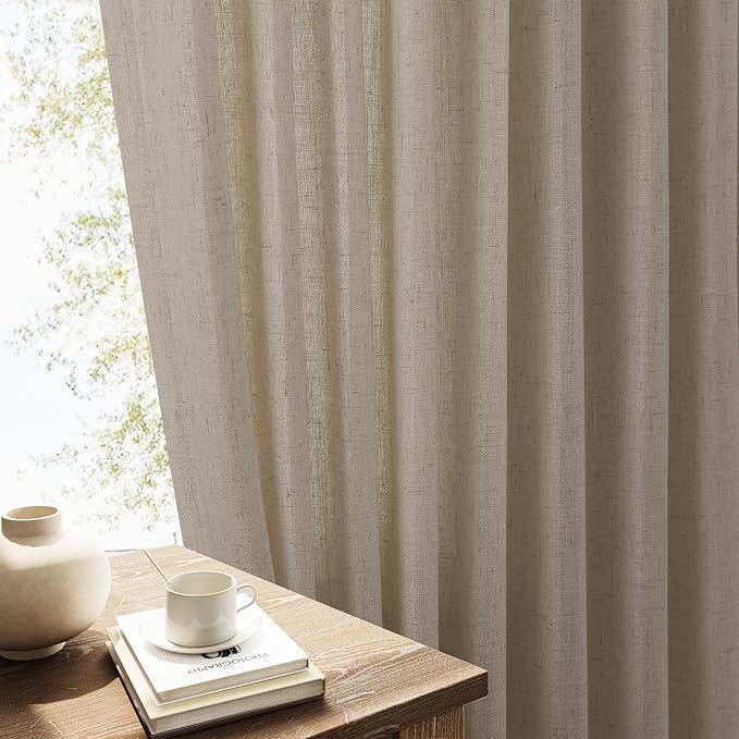 Linen Curtains 96 Inches Long for Living Room Back Tab Semi Sheer Floor to Ceiling 8ft Light Filtering Curtain Boho Farmhouse Decor Window Drapes for Bedroom 52x96 2 Panels Cobblestone