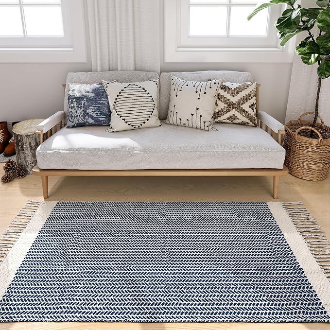 Lahome Boho Bathroom Rugs, 3x5 Washable Area Rug for Kitchen Bedroom Entry | Bath Door Mat with Tassels Woven Cotton, Farmhouse Navy Blue Lightweight Throw Carpet for Entryway Living Room Laundry Decor