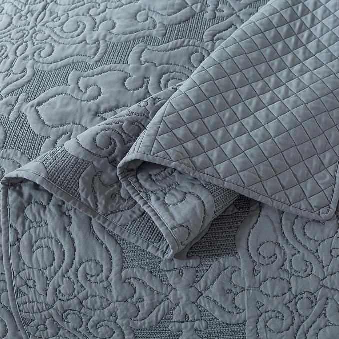 NEWLAKE Reversible Quilt Bedspread Embroidered Microfiber Coverlet Set,Jacquard Embossed Floral,Grey, King Size