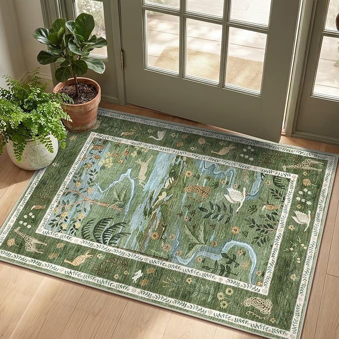 2x3 Washable Area Rug for Entryway Non Slip Safari Nursery Rug Green Kids Room Rugs Low Pile Stain Resistant Jungle Animal Print Rugs Small Throw Mat for Living Room Bedroom Girls Room, Green