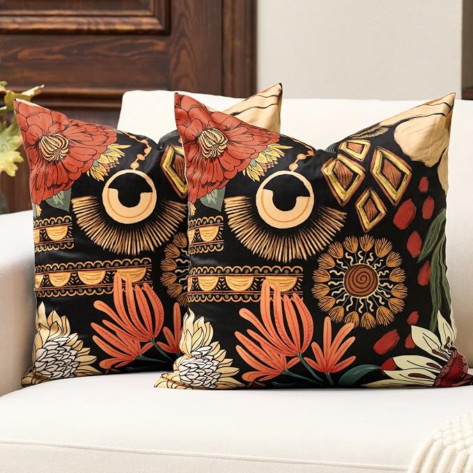 Tyrot Black Boho Floral Fall Velvet Throw Pillow Covers 18x18 Set of 2 Farmhouse Cushion Covers Mid Century Modern Botanical Home Decor Accent Pillow Cases for Couch Bed Sofa Living Room, Bedroom