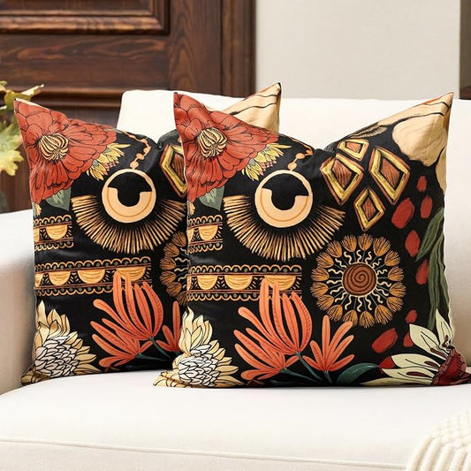Tyrot Black Boho Floral Fall Velvet Throw Pillow Covers 18x18 Set of 2 Farmhouse Cushion Covers Mid Century Modern Botanical Home Decor Accent Pillow Cases for Couch Bed Sofa Living Room, Bedroom