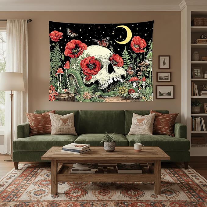 Accnicc Floral Skull Tapestry Vintage Flower Gothic Skeleton Tapestries Wall Hanging Mushroom Butterfly Plant Snake Horror Large Tapestry for Bedroom Living Room Dorm 80 x 60 inch