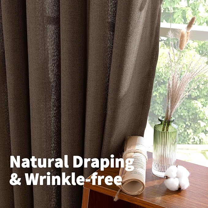 YoungsTex Brown Linen Curtains 48 Inches Long, Light Filtering Drapes Privacy with Rod Pocket Back Tab for Bedroom Living Room Window, 2 Panels, 42 X 48 Inch