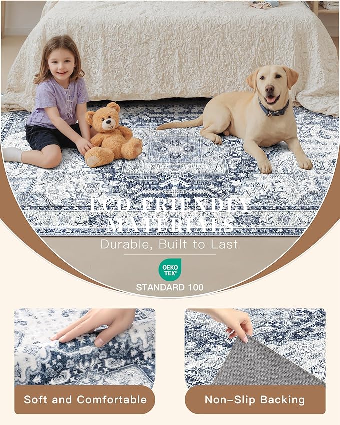 Madane Washable Runner Rug 2x6 Runners for Hallways Non Slip, Navy/White | Vintage Stain-Resistant 6 Feet Kitchen Rug, Soft Low-Pile Ultra-Thin Floor Carpet Mat for Bathroom Laundry Room Bedroom 2x6ft