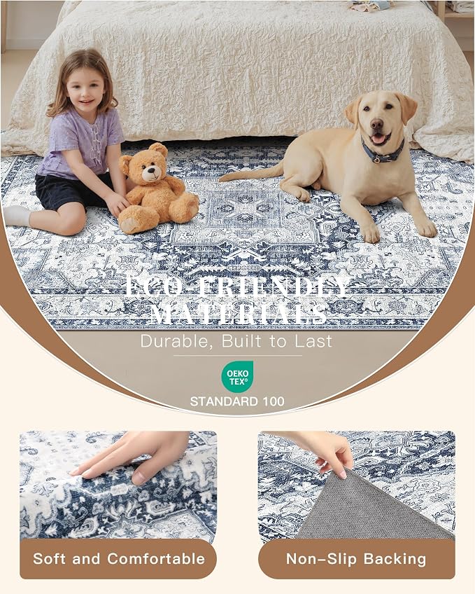Madane Washable Runner Rugs 2x12 Long for Hallway Kitchen Soft, Navy/White | Non-Slip Vintage Printed 12ft Rug Runners with Rubber Backing, Low-Pile Floor Carpet Laundry Room Entryway, Corridor