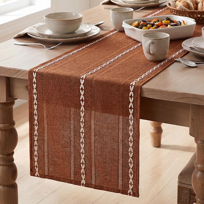 Artoid Mode Caramel Rustic Cotton Linen Table Runner, Seasonal Fall Embroidered Hollow Kitchen Dining Table Decoration for Home Party Decor 13x108 Inch