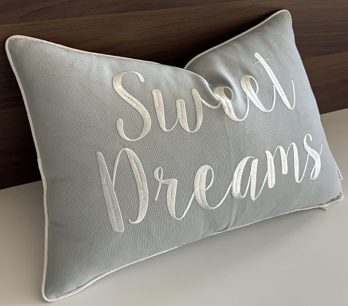 Rudransha Sweet Dreams Blue Grey Lumbar Pillow Cover 12x18 – Embroidered Script Quote Cotton Cushion Case – Good Night Sleep Bedroom Nursery Decor for Bed Crib Guest Room
