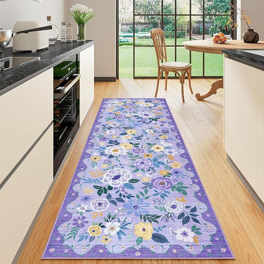 DUKINO 2x6 Runner Rug for Hallway, Washable Kitchen Rugs Non Slip, Purple | Low Pile, Soft, Floral Indoor Rug for Entryway, Bedroom, Laundry, Bathroom, Pet Friendly, Lightweight, Modern Home Decor