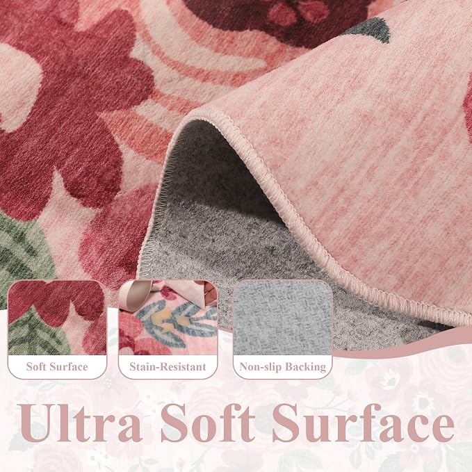 DUKINO 2x4 Rug for Entryway, Floral Washable Kitchen Rugs Non Slip, Pink | Soft, Low Pile, Stain Resistant Throw Runner Rug for Hallway, Bedroom, Bathroom, Laundry, Pet Friendly, Modern Home Decor