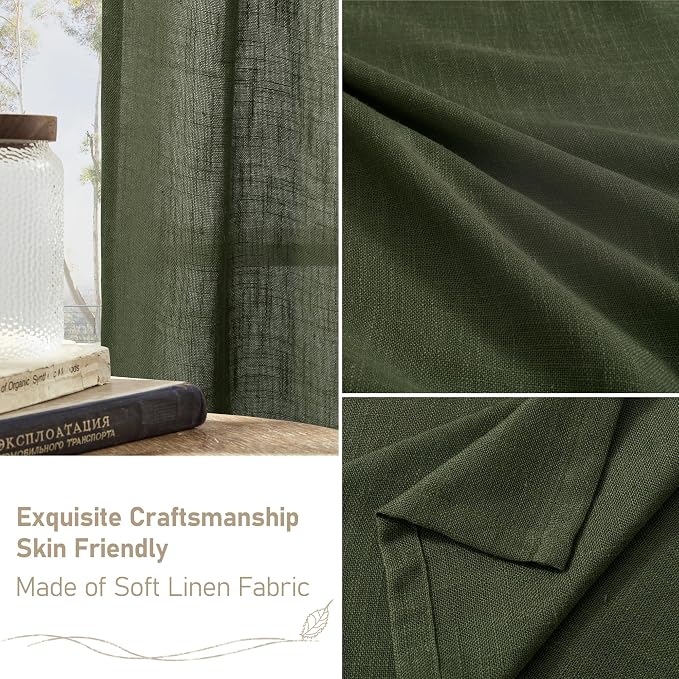 Light Filtering Linen Curtains 63 inches Long for Bedroom 2 Panels | Linen Textured, Semi Sheer, Privacy, Christmas Decor, Drapes for Living Room, Rod Pocket Back Tab, Olive Green, 60 x 63 Inch