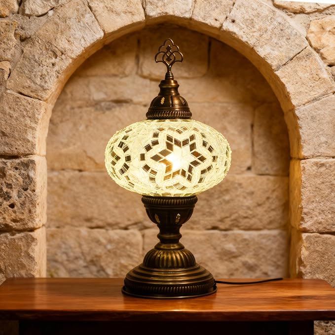 Turkish Lamp, Mosaic Table Lamp, Antique Moroccan Decorative Glass Bohemian Vintage Lamp Shade, Small Desk Tiffany Bedside Stained Glass Lamp with US Plug and E12 Socket