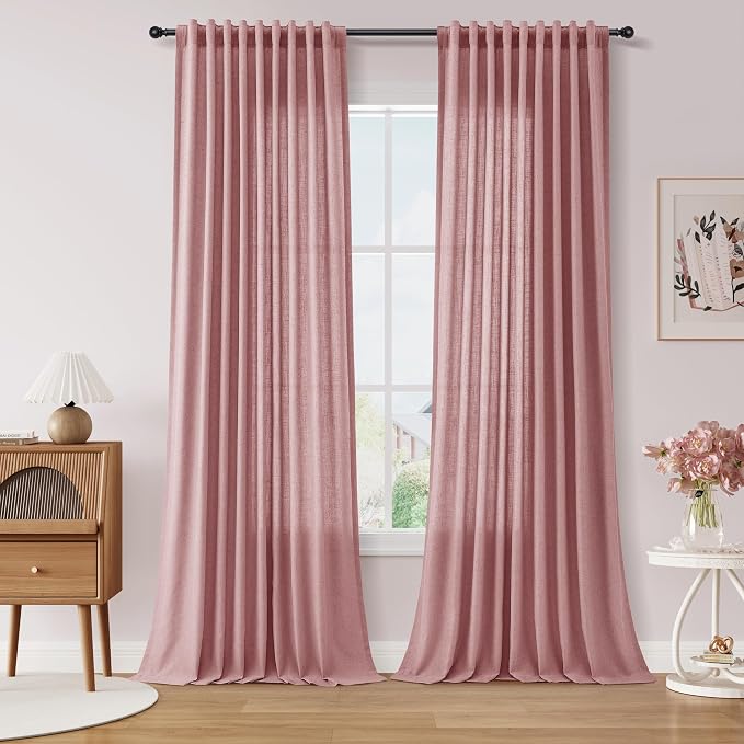Extra Long Linen Curtains 108 Inches for Living Room Back Tab Semi Sheer High Floor to Ceiling 9ft Light Filtering Curtain Boho Farmhouse Decor Window Drapes for Bedroom 2 Panels Canyon Rose