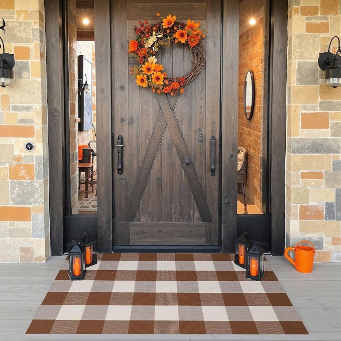 Buffalo Plaid Outdoor Rug 27.5" x 43" Coffee and White Checkered Area Rug Washable Fall Doormats Indoor Outdoor Rugs for Layered Front Door Mats, Porch, Entryway, Kitchen, Farmhouse