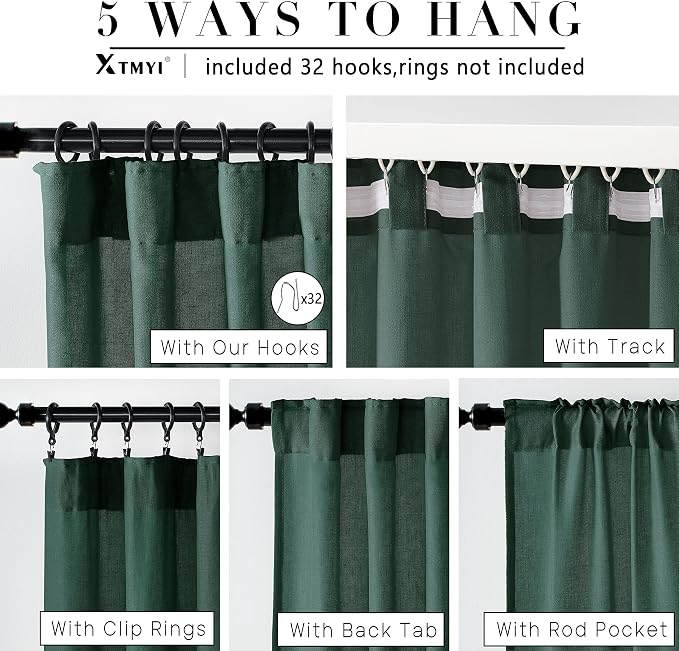 XTMYI Forest Green Curtains 96 Inches Long for Living Room,Light Filtering Back Tab Hooks Pleated Semi Sheer Dark Academia Curtains for Room Decor Bedroom 96 Length 2 Panels