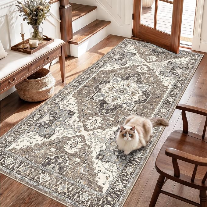 Hallway Washable 3x7 Runner Rug: Non-Slip Kitchen Rugs with Rubber Backing for Entryway Living Room Vintage Low Pile Stain Resistant Carpet for Bedroom Soft Thin Home Decor Mat for Bathroom(Beige,3x7)
