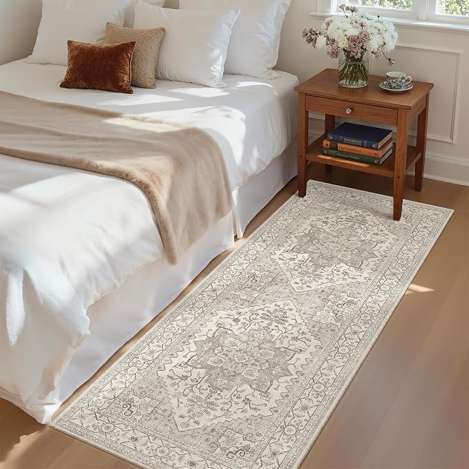 Madane Hallway Runner Rug 2x5 Washable Entry Rugs Non-Slip, Beige/Brown | Vintage Printed Low-Pile Kitchen Runners, Soft Low-Pile Stain-Resistant Throw Carpet for Bedroom Entrance Laundry Room 2'x5'
