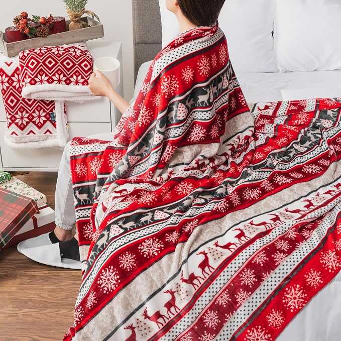 Pavilia Christmas Reindeer Snowflakes Fleece Throw Blanket | Soft, Plush, Warm Winter Cabin Throw, Twin 60x80 (Christmas Red)