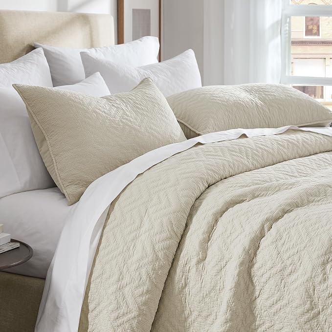 palassio Beige 100% Cotton Quilt King Size Bedding Sets with 2 Pillow Shams, Lightweight Textured Farmhouse Country Bedspread Soft Shabby Chic Patterned Coverlet for All Season, 3 Pieces