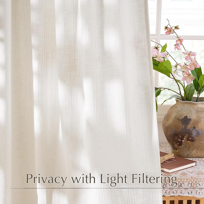 NICETOWN Natural Boho Linen 108 inch Curtains for Living Room, Jacquard Weave Waffle Pattern Privacy Light Filtering Floor Length Drapes, W52 x L108, 2 Panels