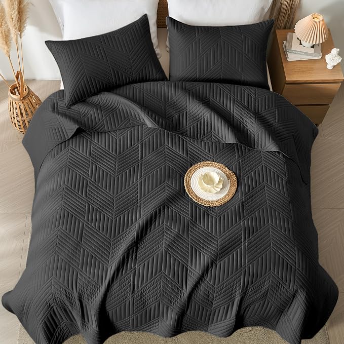 Davulos Black Queen Quilt Set,3-Piece Lightweight Reversible Bedspread Coverlet,Soft Microfiber,All Season Bedding with Modern Geometric Pattern (1 Quilt,2 Pillow Shams)