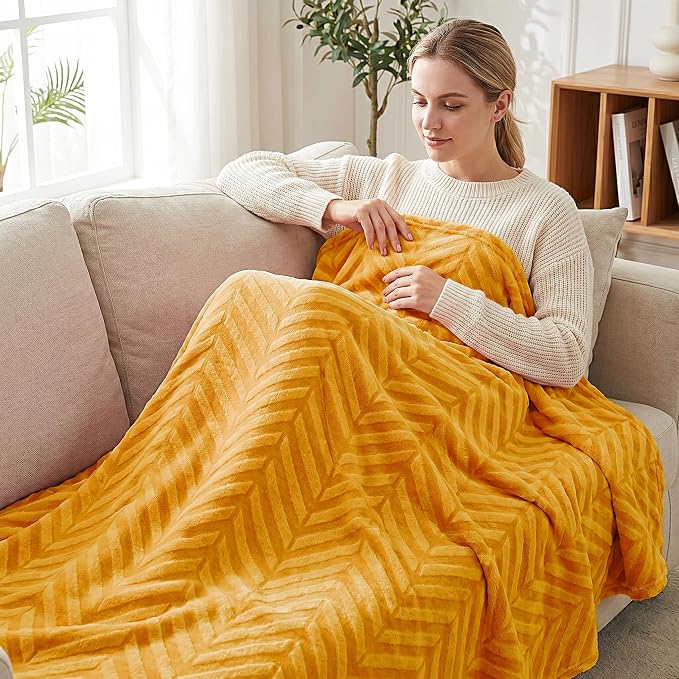 Whale Flotilla Flannel Fleece Throw Blanket for Couch, Lemon Yellow | Lightweight Breathable Soft Sofa Throws, Plush Fluffy Chevron Design Decorative Blankets for All Season, 50x60 Inch