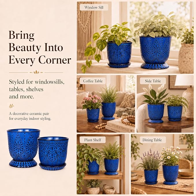 Gepege Ceramic Plant Pots, 6 Inch Indoor Planters with Drainage & Saucers | Ceramic pots for plants with drainage holes, ceramic saucers and mesh pads, ideal for flowers, herbs and succulents, set of 2