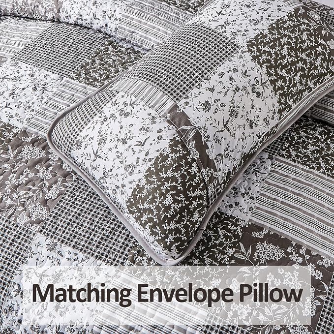 Mybedsoul Grey Boho Quilt King Size, Patchwork Floral Bedding Set | Soft Lightweight Microfiber Coverlet Set, 3 Pieces Plaid Reversible Bedspread, Bed Sets for All Seasons 90"x110"