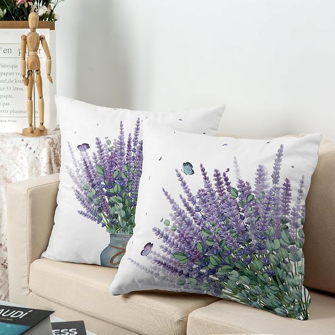 Lavender Decorative Pillow Covers Spring Summer Farmhouse Square Pillowcases for Outdoor Living Room Garden Sofa Set of 2 Purple Flowers with Butterfly Throw Pillow Covers 22x22