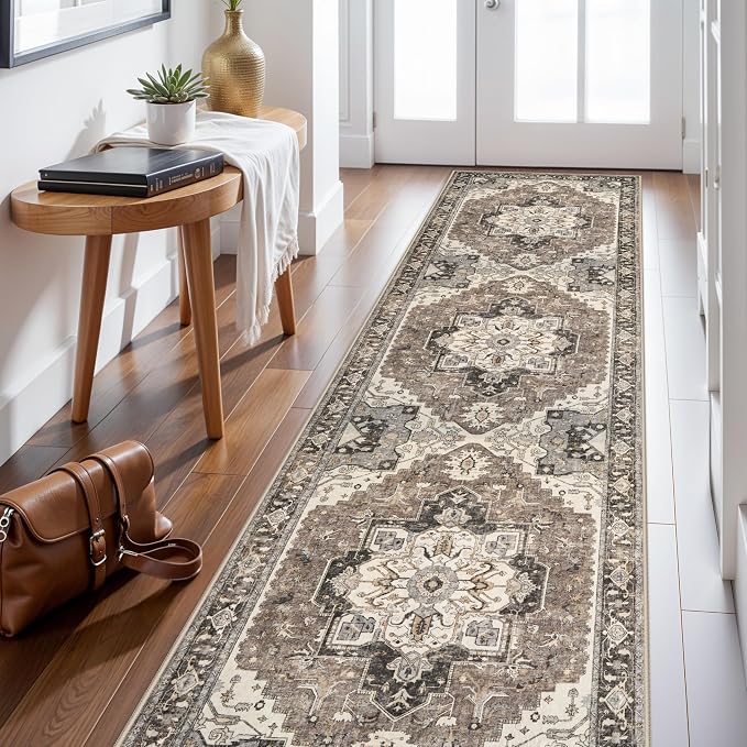 2x8 Washable Hallway Runner Rug - Non-Slip Kitchen Rugs Low Pile Entryway Runners Vintage Soft Carpet Thin Lightweight Indoor Home Decor Floor Mat for Bathroom Laundry Room Bedroom(Beige,2x8)