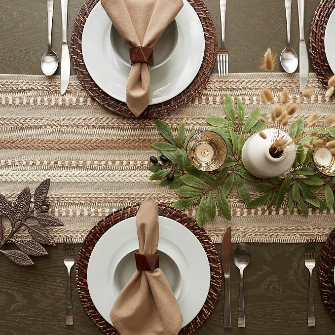 DII Farmhouse Braided Stripe Table Runner Collection, 15x72 (15x77, Fringe Included), Stone (Pack of 12)