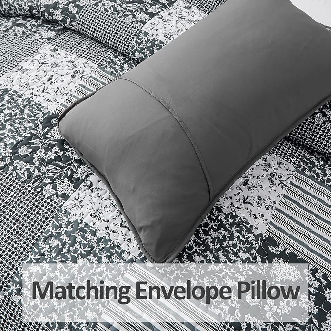 Mybedsoul Boho Quilts Queen Size, Patchwork Bedding Set, Black Grey | Soft Lightweight Microfiber Floral Coverlet Set, 3 Pieces Plaid Reversible Bedspread, Bed Sets for All Seasons 90"x96"