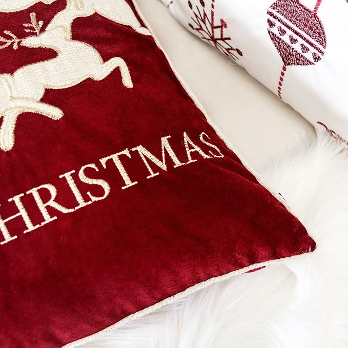 Embroidery Red Velvet Throw Pillow Cover, Merry Christmas Series Santa Claus Sledge Luxury Soft Fuzzy Cozy Warm Slik Gift Square Couch Cushion Pillow Case 20 x 20 Inch, Cover Only