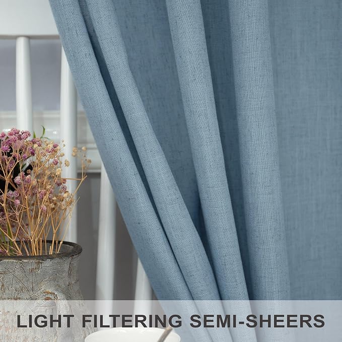 Blue Curtains 38 Inch Width for Kitchen Door 2 Panels Back Tab Rod Pocket Semi Sheer Linen Skinny Light Blue Small Curtain for Bedroom Laundry Bathroom Side Windows Country Farmhouse Wide 38x63 Length