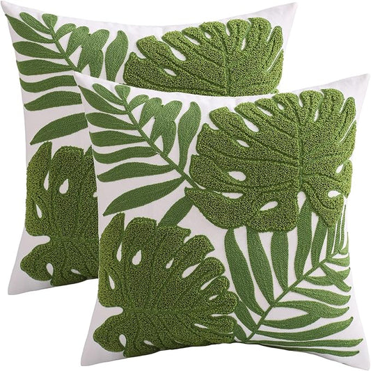 Embroidered Throw Pillow Covers 18x18 Set of 2 Green Botanical Leaf