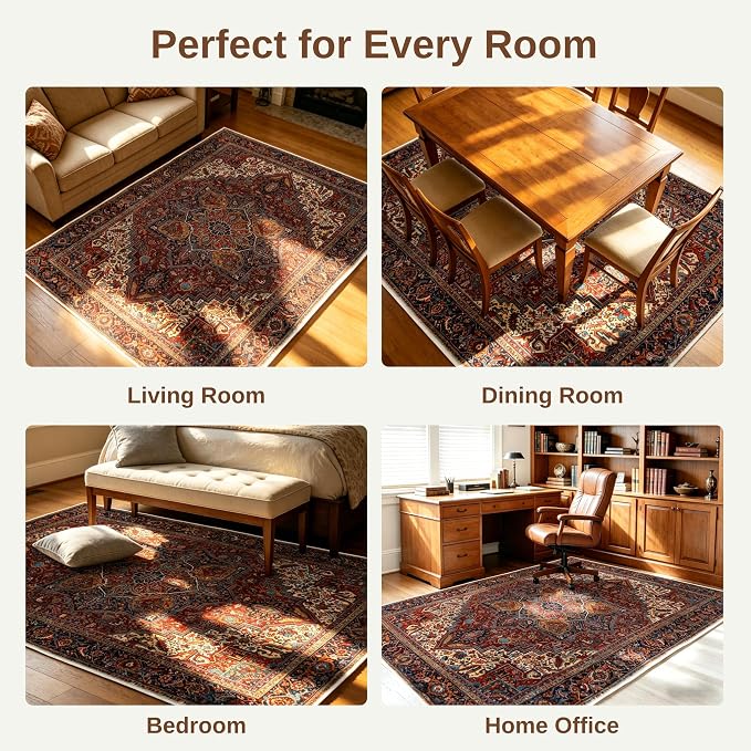 Red 5x7 Washable Rug for Living Room, Non Slip Area Rug for Bedroom | Soft faux wool, machine washable & stain resistant. Non-slip rubber backing, low pile. For living room, bedroom, office.