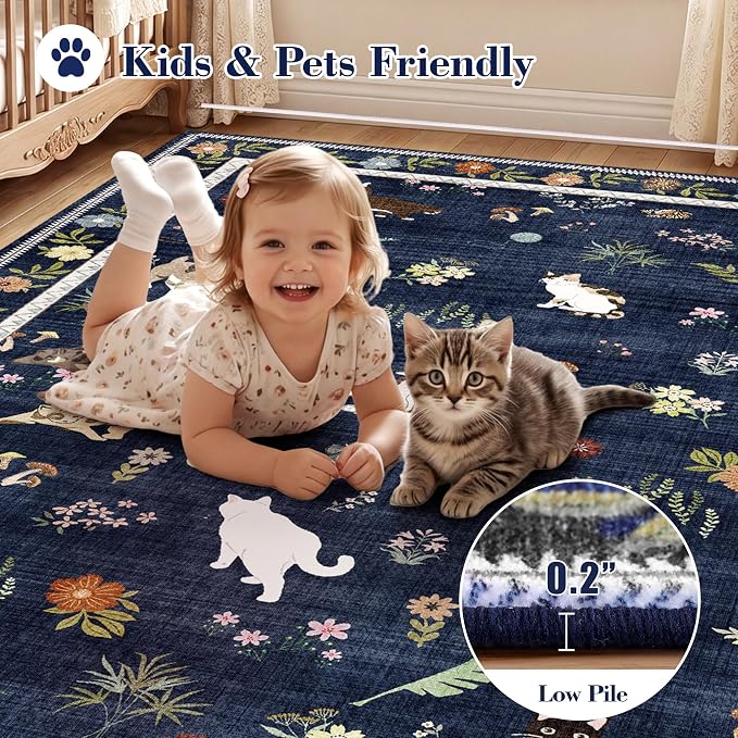 AIMPEAK 2x3 Washable Door Mat - Non Slip Low Pile Cat Floral Boho Small Area Rug for Entryway, Kitchen, Front Door, Indoor Entrance, Kids Room Throw Rug Carpet, Navy Blue Multi