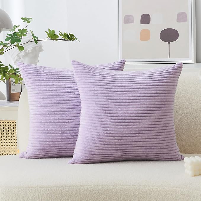 Home Brilliant Light Purple Pillow Covers Supersoft Velvet Corduroy Striped Throw Pillow Covers Couch 2 Pieces Accent Pillow Cases for Bedroom, 55cm, 22 x 22 Inch, Lavender
