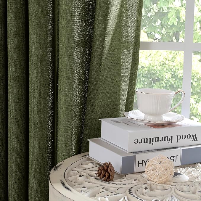 YoungsTex Olive Green Linen Kitchen Curtains 36 Inch Length, Semi Sheer Textured Small Drapes Rod Pocket Back Tab for Cafe Bathroom Short Window, 2 Panels, 42 X 36 Inch