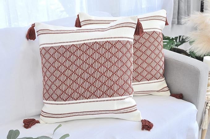 Decorative Boho Throw Pillow Covers with Tassels (Maroon & Off White, 20x20 inch - Pack of 2) / Designer Cushion Covers for Sofa, Bed/Farmhouse Accent Cotton Woven Pillow Cases Burgundy