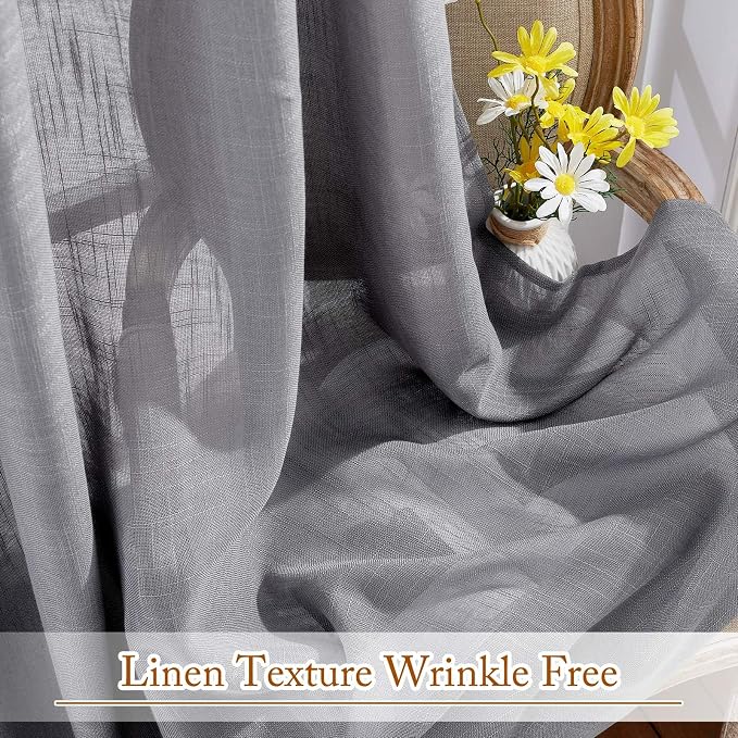 NICETOWN Bathroom Window Curtains 45 inch Length, Natural Linen Textured Rod Pocket & Back Tab Semi Sheer Short Curtains Privacy with Light Through for Bedroom/Living Room, 52" Wide, Grey