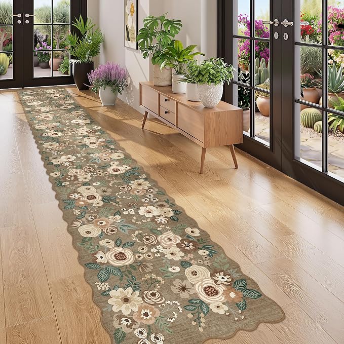 DUKINO 2x12 Washable Runner Rug, Long Runner Rug for Hallway, Light Taupe | Non Slip, Low Pile, Soft Floral Throw Rug Runner for Kitchen, Entryway, Bedroom, Bathroom, Pet Friendly, Modern Home Decor