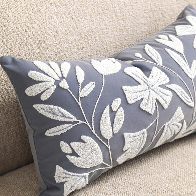 BlissBlush Decorative Throw Pillow Cover 20x20, Coastal Dusty Blue Velvet Accent Cushion Cover for Couch Sofa Living Room, Floral Tufted Square Pillowcase (Cover Only)